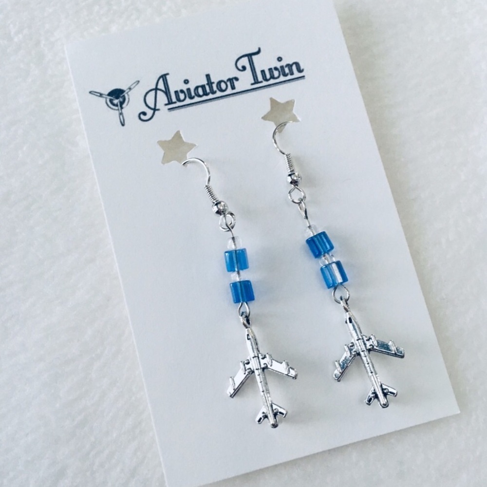 4 Engine Airplane Earrings with Blue Glass Beads